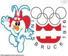 Логотип и талисман Schneemann на Олимпийских играх 1976 Инсбрук, Австрия. Присутствовали 1123 спортсменов из 37 стран